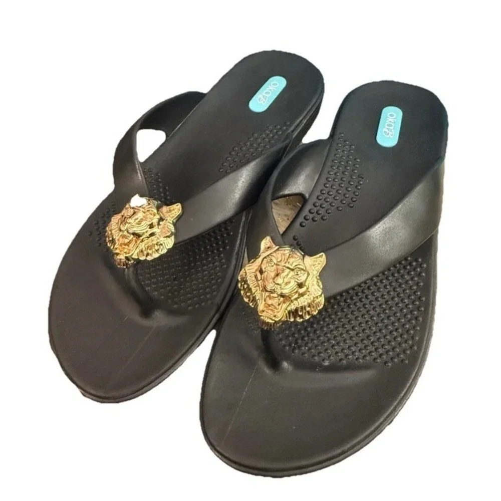 New Okab Black Licorice Gold Lion Head Rubber Flip Flop Thong Sandals Womens M/L